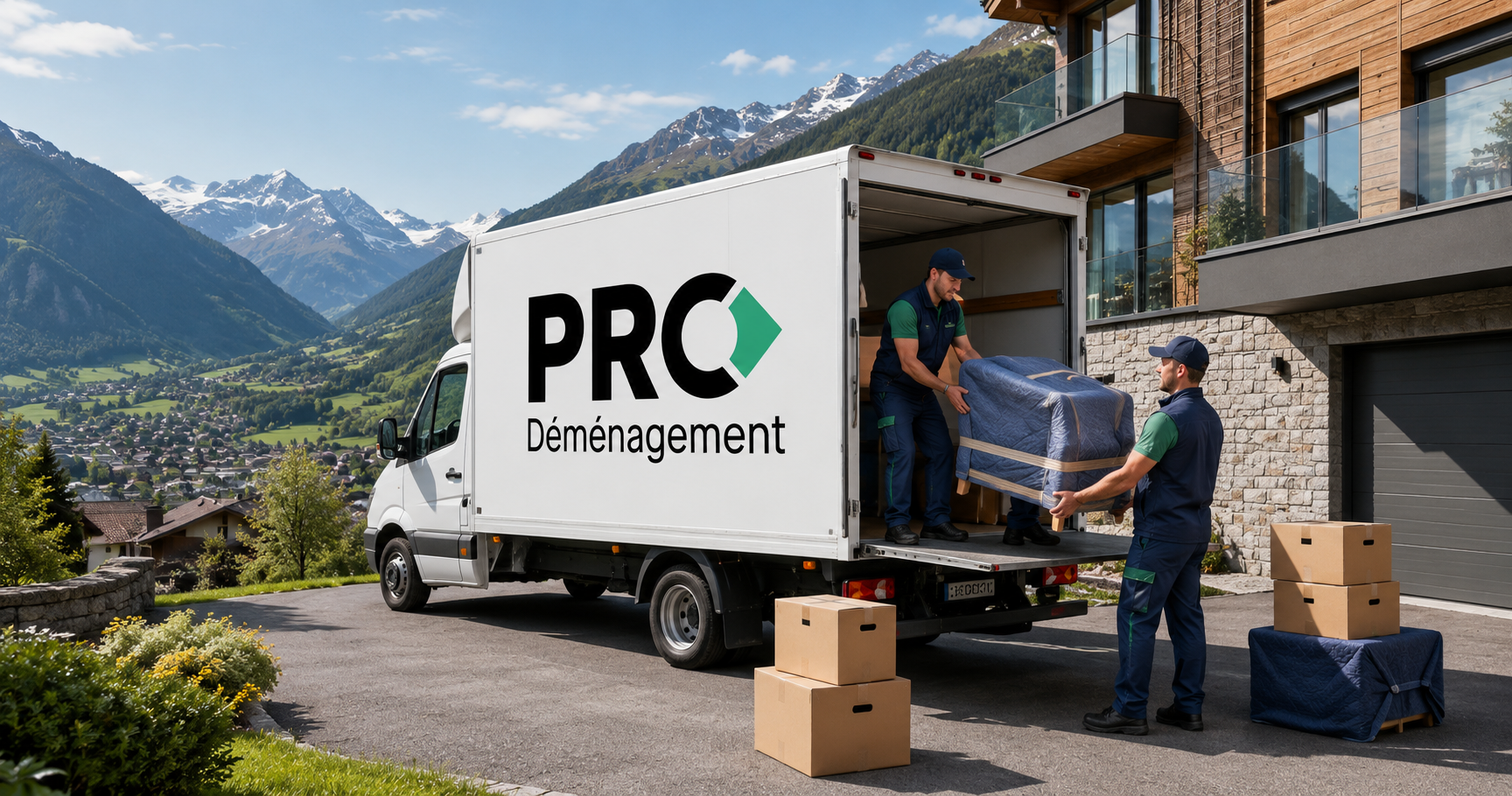 Camion avec logo et équipe professionnelle PRO DÉMÉNAGEMENT – Déménagement Bex – Déménageur professionnel