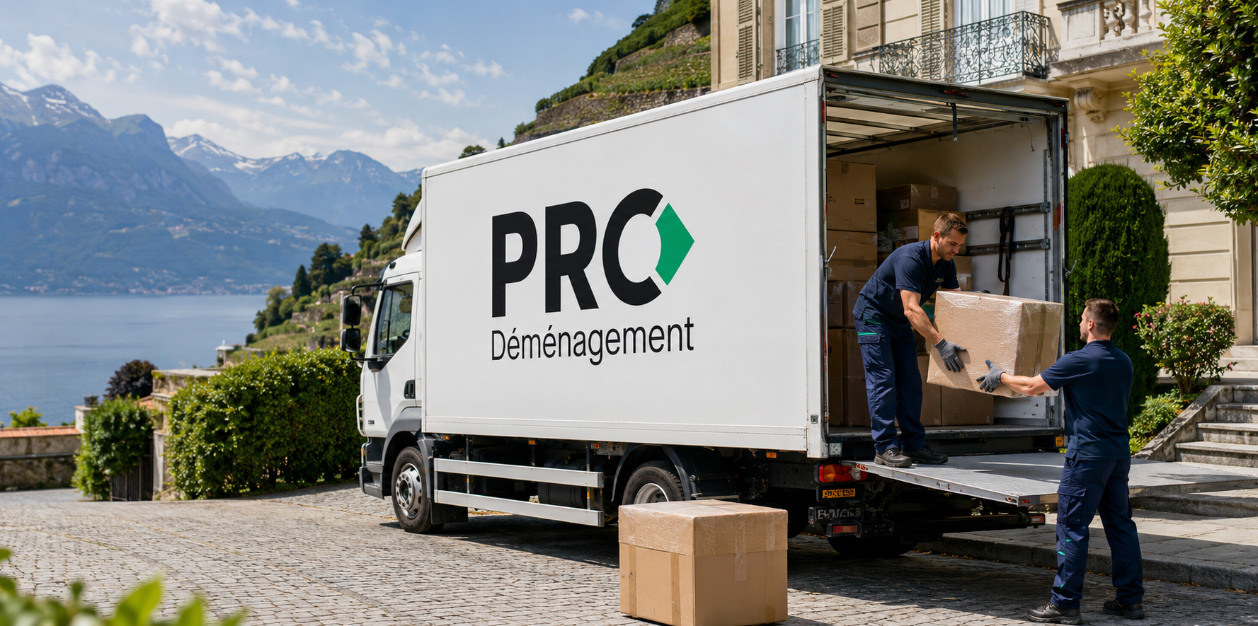 Camion avec logo et équipe professionnelle PRO DÉMÉNAGEMENT – Déménagement Pully et Lutry – Devis gratuit