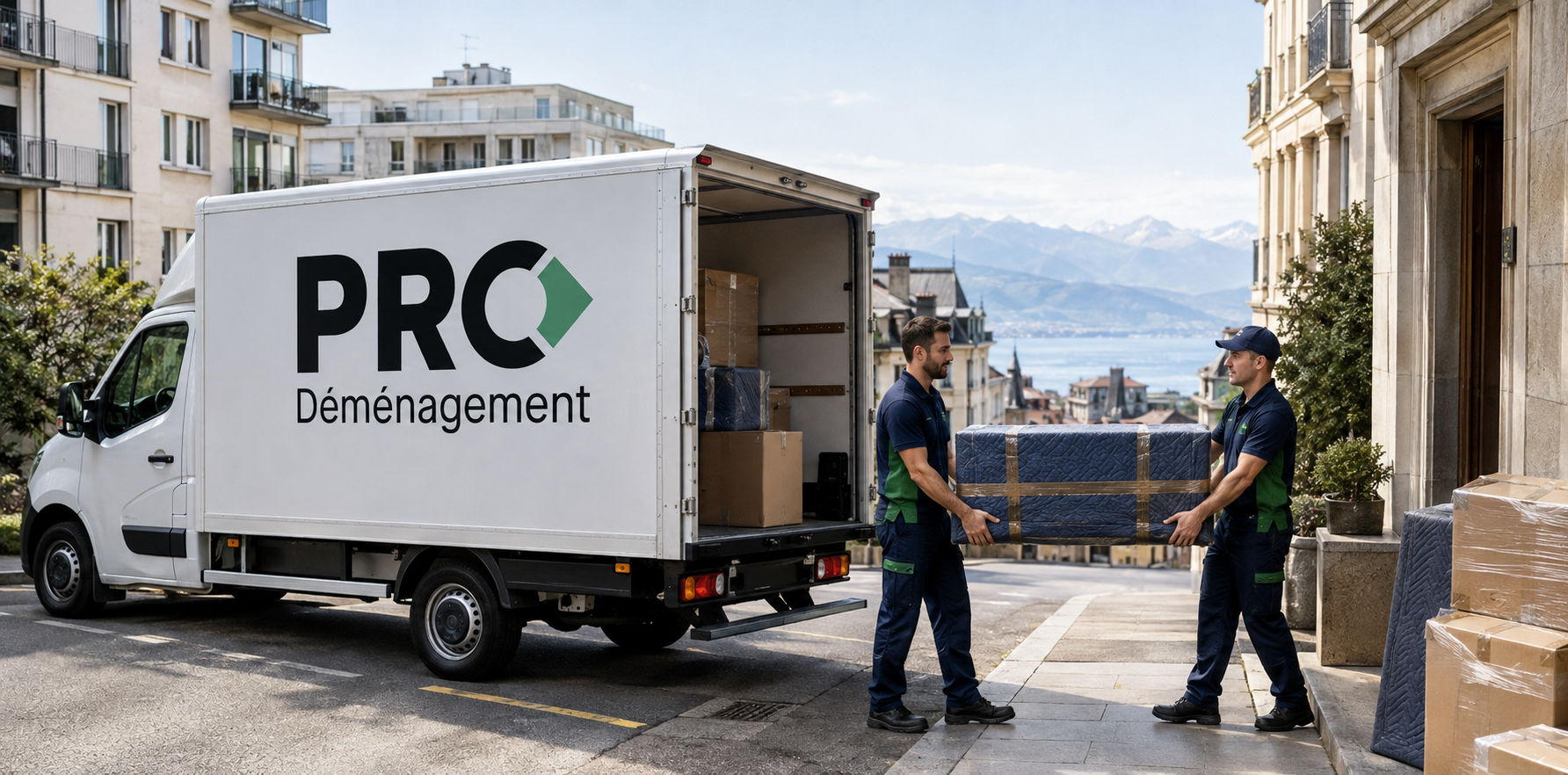 Camion avec logo et équipe professionnelle PRO DÉMÉNAGEMENT à Lausanne